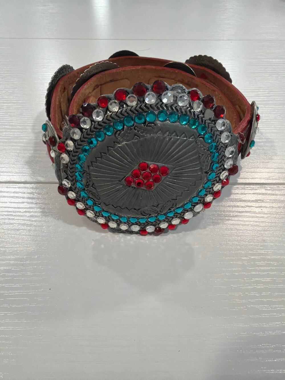 Carole & Lois Southwest Vibes Leather Beaded Silver Buckle Red Belt